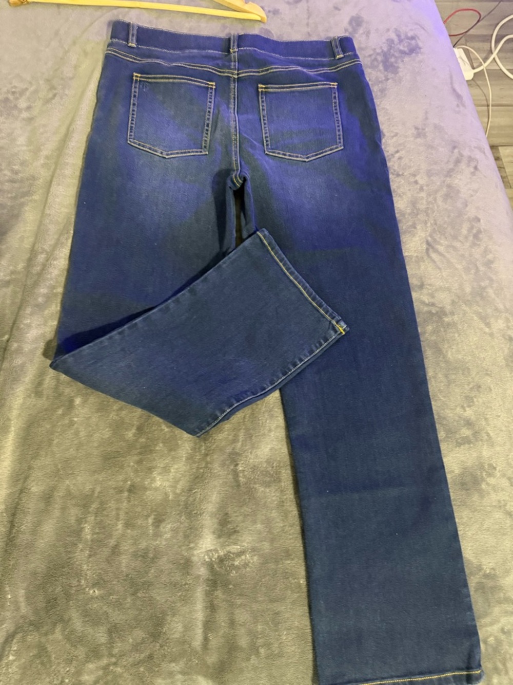 Betabrand Indigo Denim Jeans with Gold Stitching